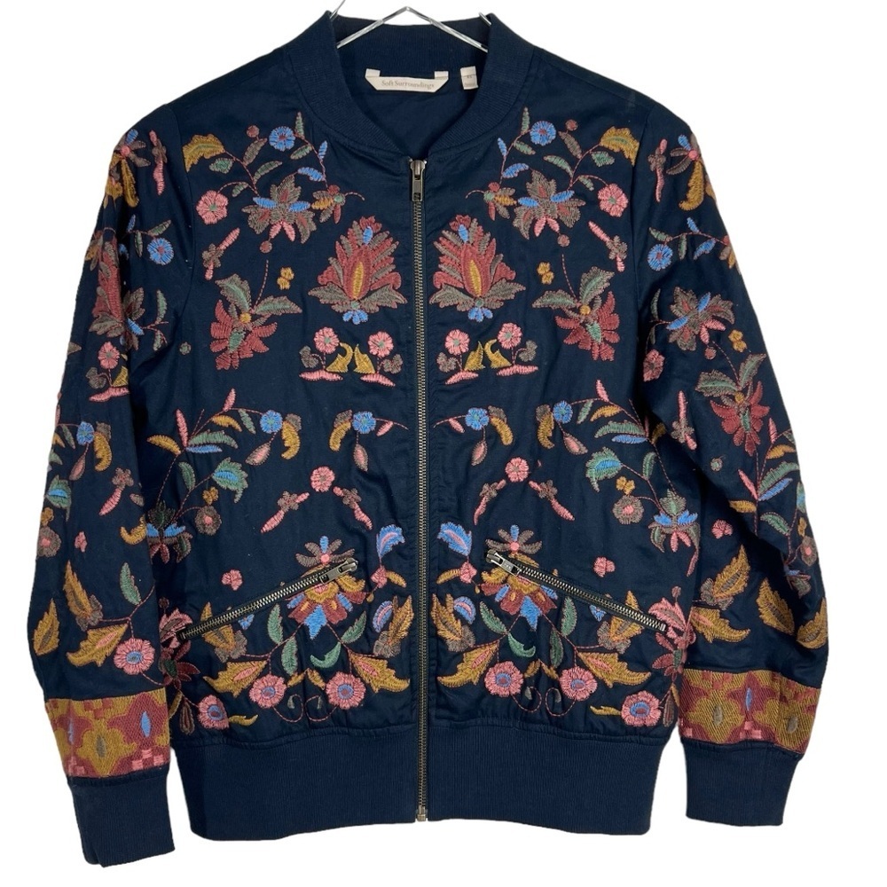 SOFT SURROUNDINGS Full Zip Navy Embroidered Bomber Style Jacket women's XS